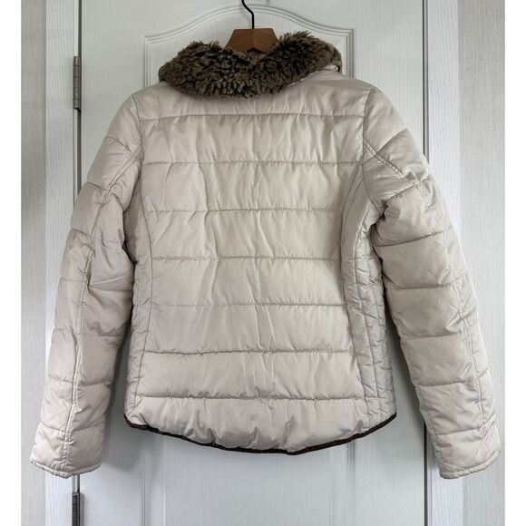 Old Navy Women's Puffer Jacket Faux Fur Collar Cream Brown Trim Size S *Stains* - Picture 2 of 11
